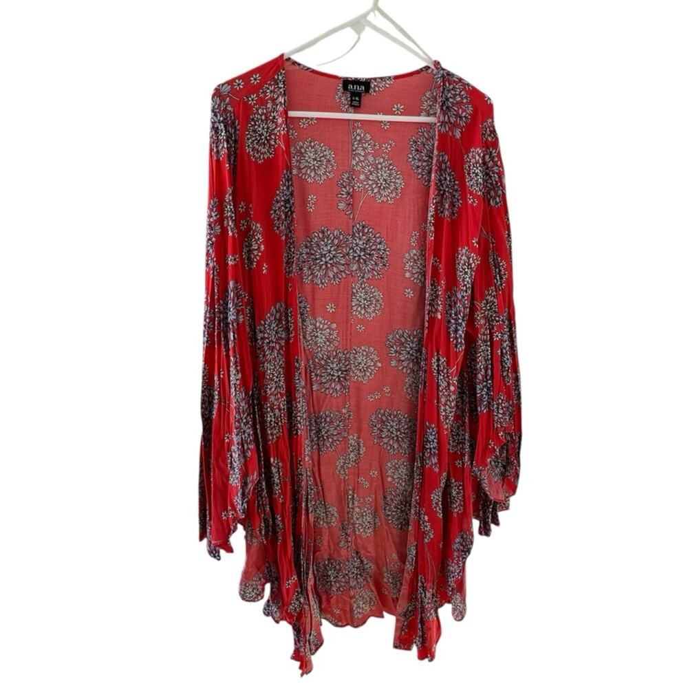 a.n.a. Red Floral Kimono Cardigan Cover Up Open Front 100% Rayon Size L-XL